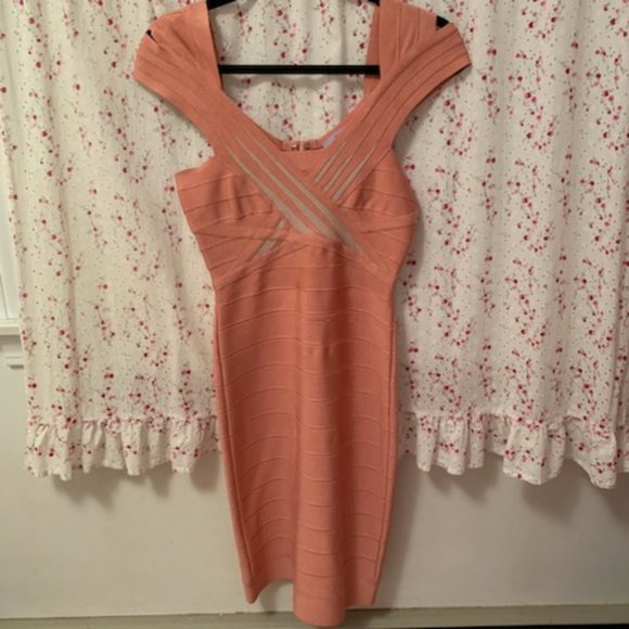 Herve Leger Rose Pink Blush Bandage Dress w/ Beige Criss-Cross Detail, Size S - Picture 3 of 8
